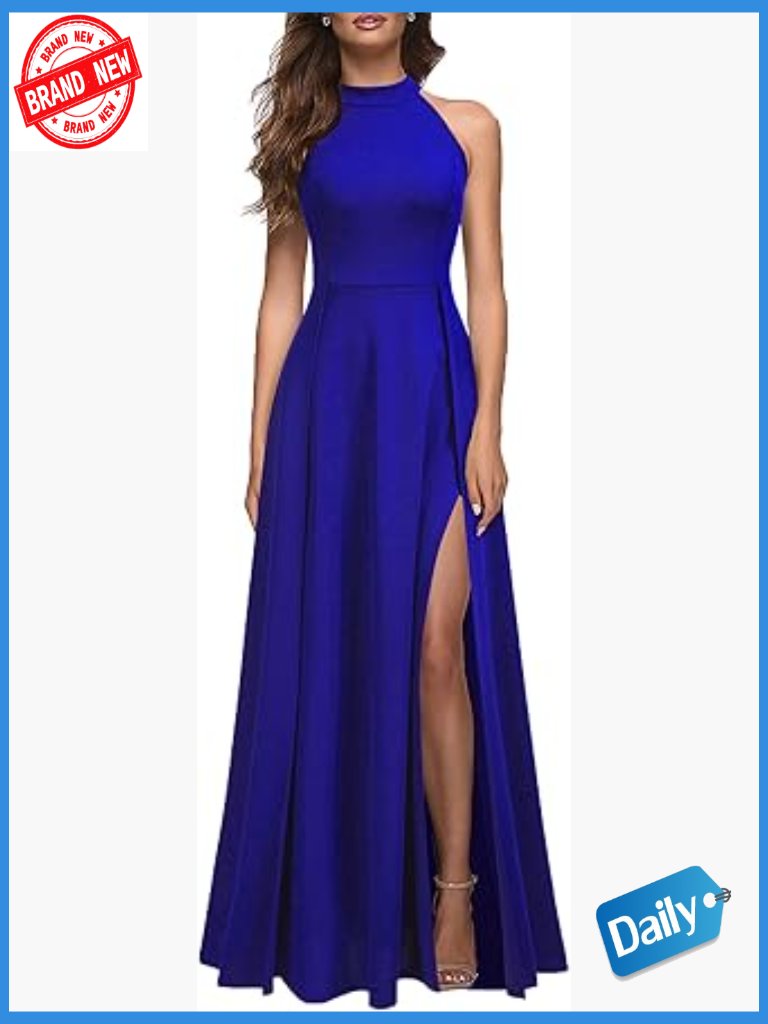 Halter Neck Maxi Dress With High Waist And Slit - Formal Party Wear
